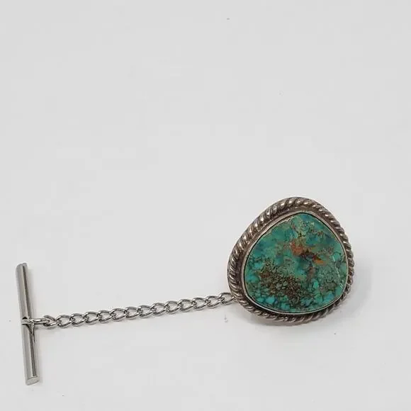 Vintage unmarked Silver with Turquoise Tie Pin/Tack - Picture 1 of 3